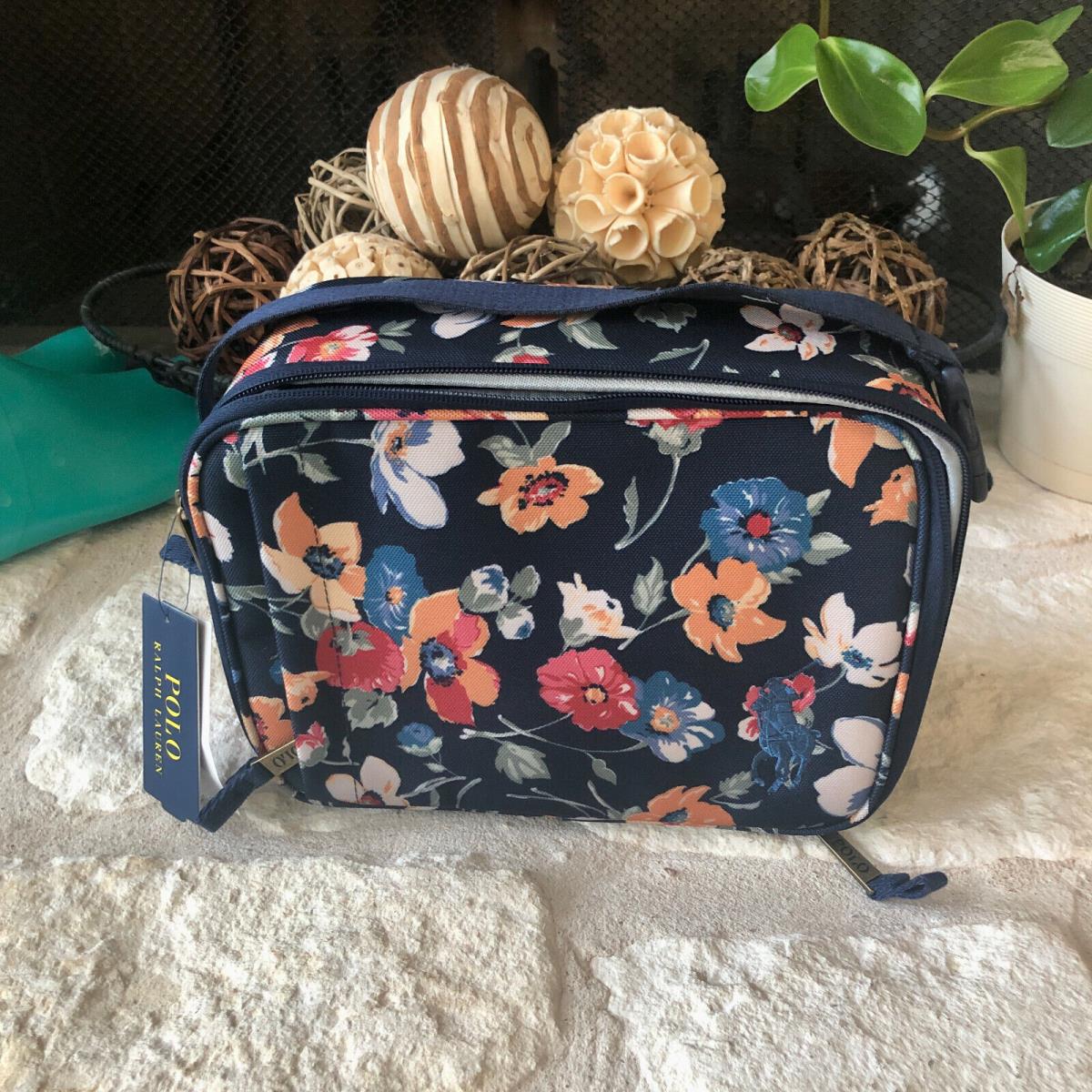 Ralph Lauren Polo Insulated Lunch Box Bag Floral Print Flowers Navy Blue Tote