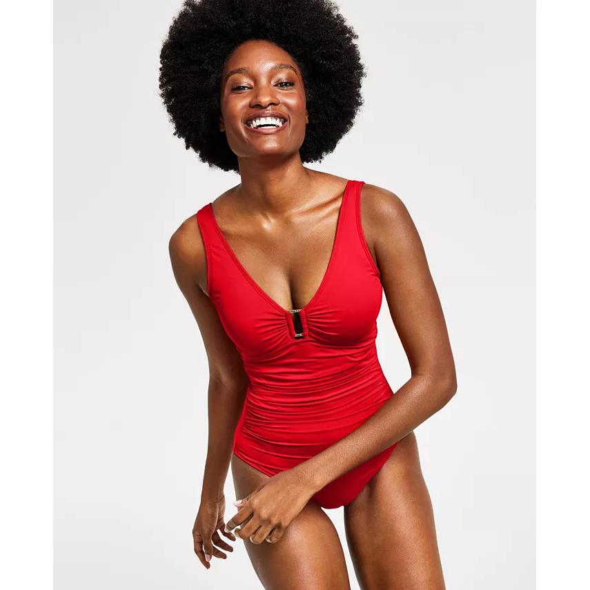 Ralph Lauren Red Ring-detail Over-the-shoulder One-piece Swimsuit US 14