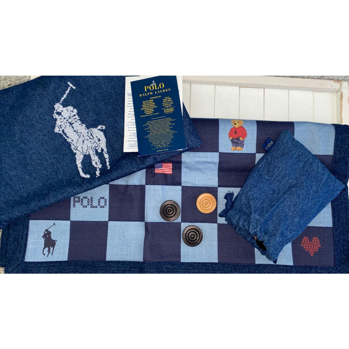 Polo Ralph Lauren Home Cotton Travel Checker Game Set Denim Soft Board Jean Bag