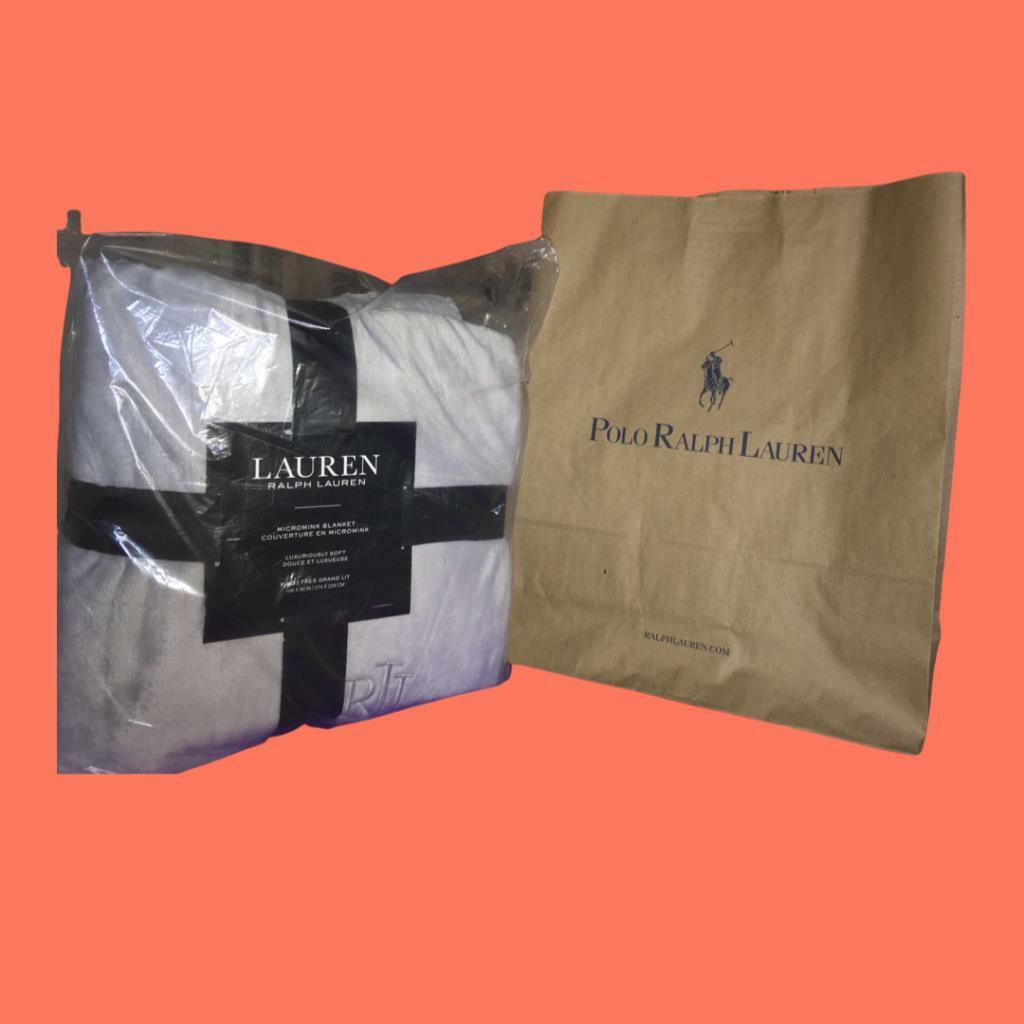 Lauren Ralph Classic King Grey Soft Plush Blanket Coverlet Gift Bag Set