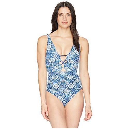 Lauren Ralph Lauren Blue Aegean Tile Loop Front Shoulder Swim Suit L67644 Size 8