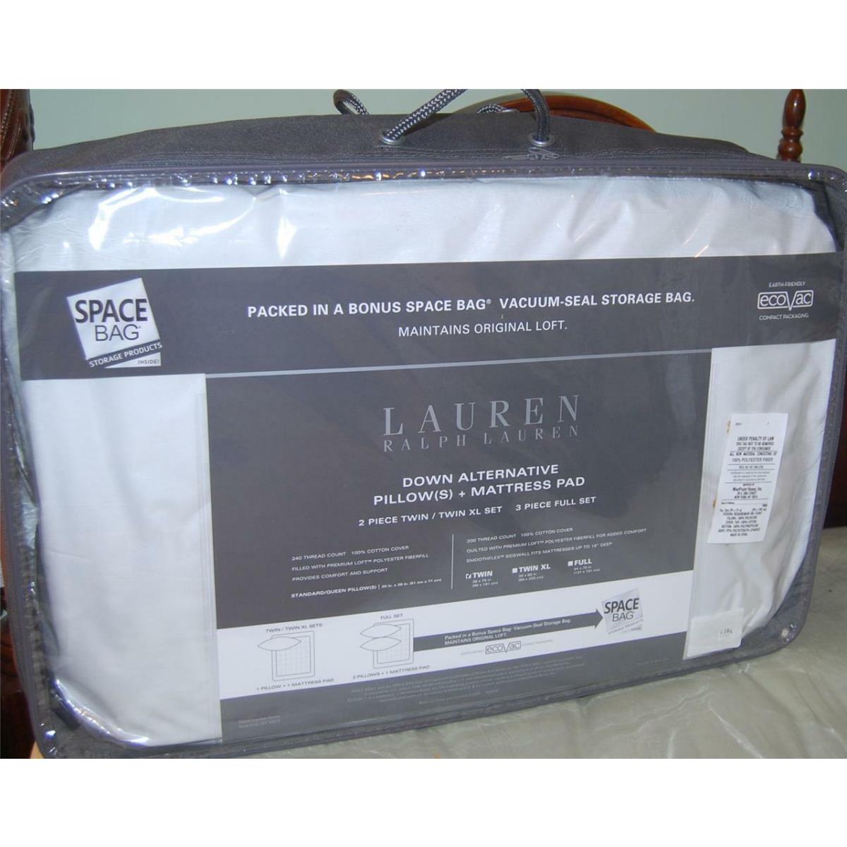 Ralph Lauren Space Bag Mattress Pad Pillow Pack Twin Down Alternative