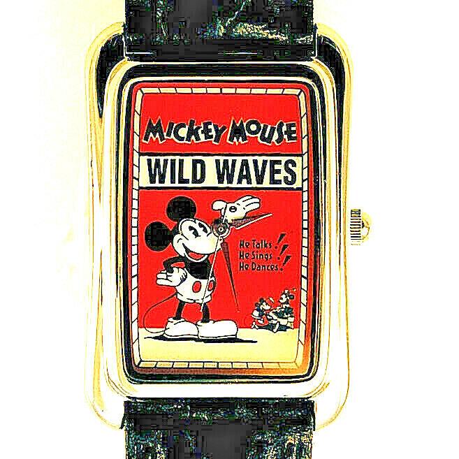 Mickey `wild Waves` Rare Poster Disney Fossil Silver Tone Rectangular Watch