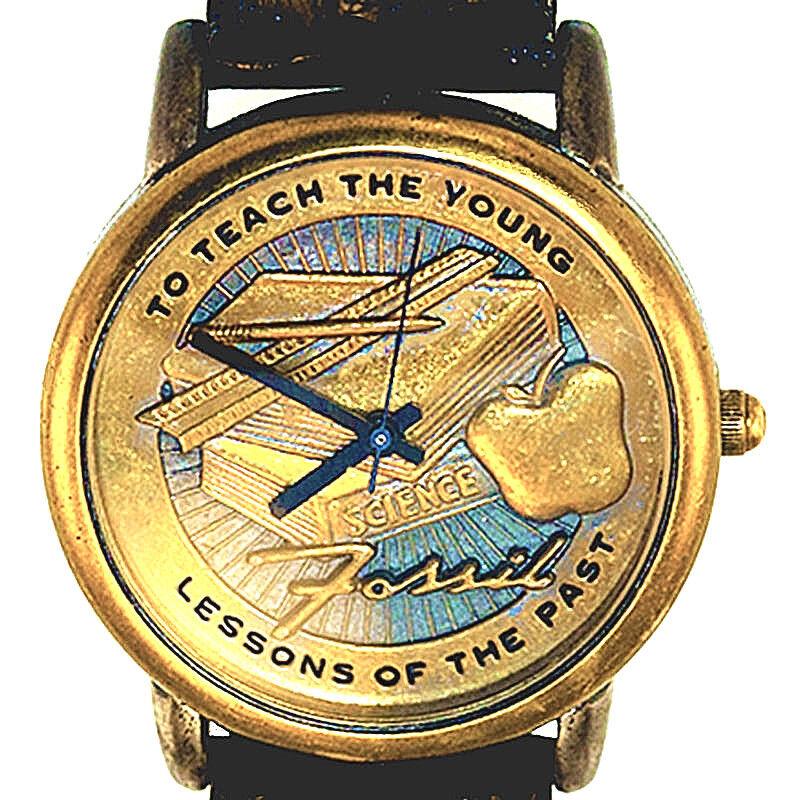 Teacher`s Watch `to Teach The Young` Fossil Raised Brass Tone Dial and Case