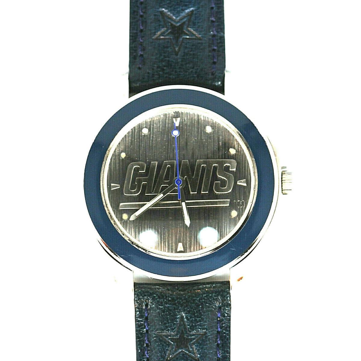 New York Giants Nfl Fossil Unworn Silver Tone Case Blue Insert Mans Watch