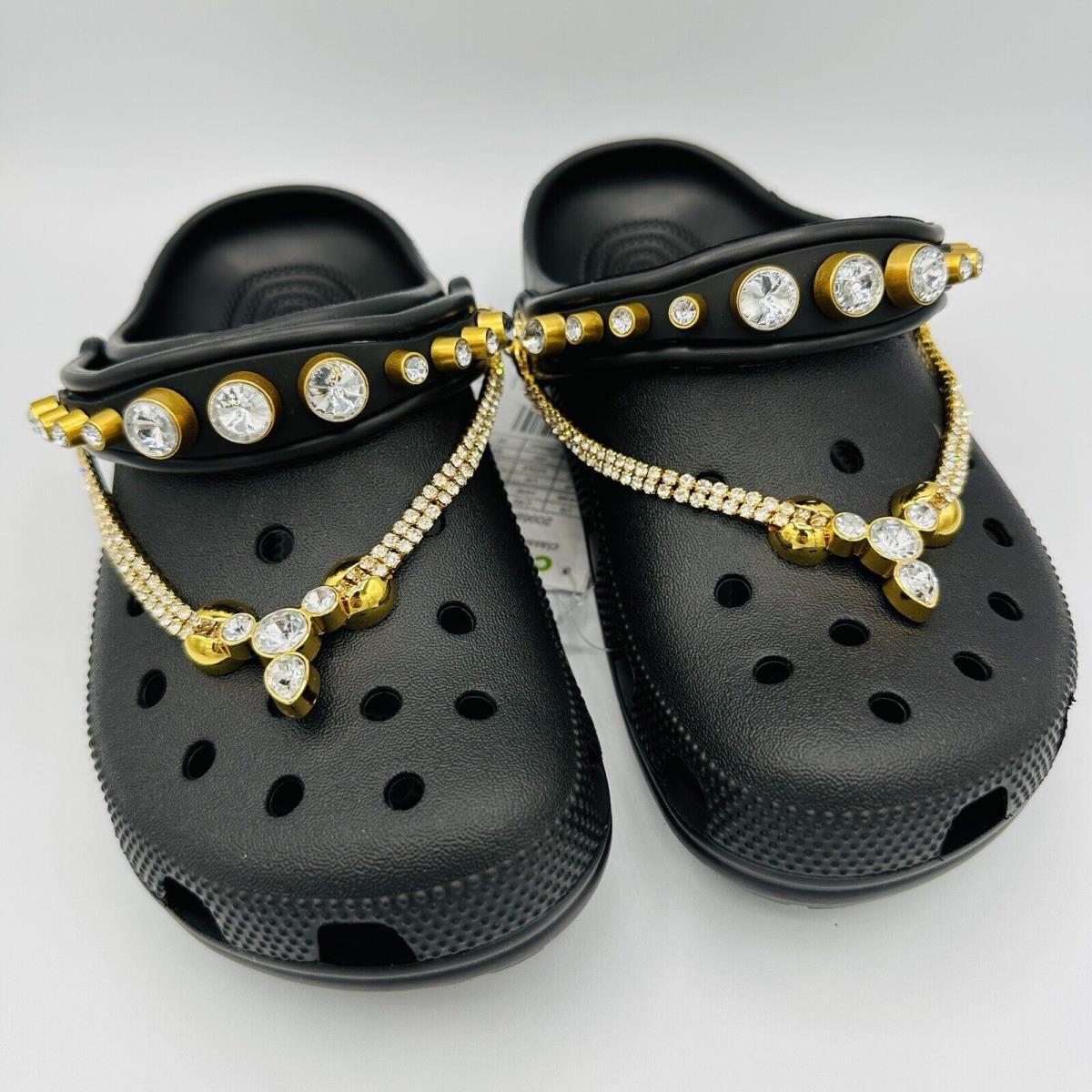 Crocs Classic Clog Tiara Black Gold Diamonds Gemstones Women`s Sizes