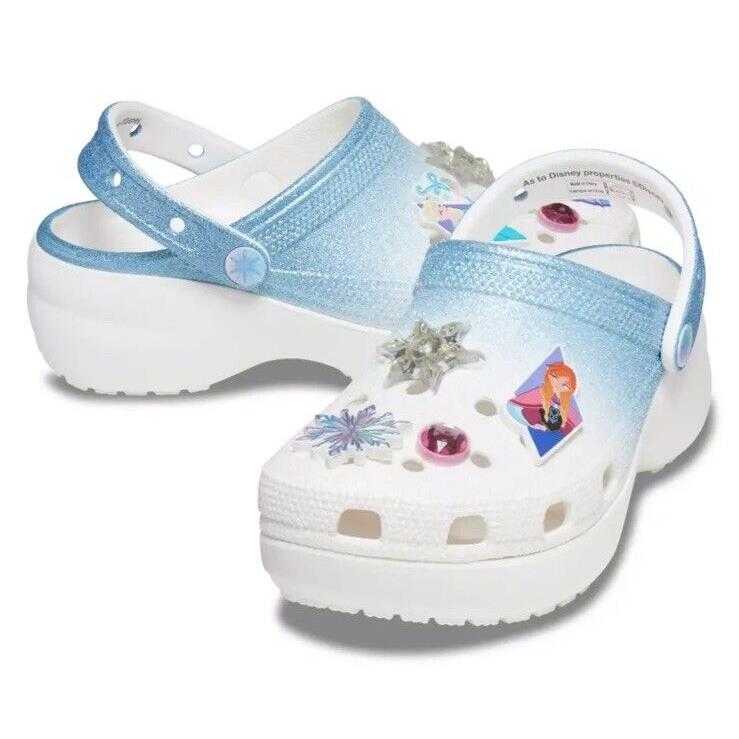 Disney Parks Crocs Womens 8 Frozen Elsa Anna Blue Glitter Castle Platform Clogs