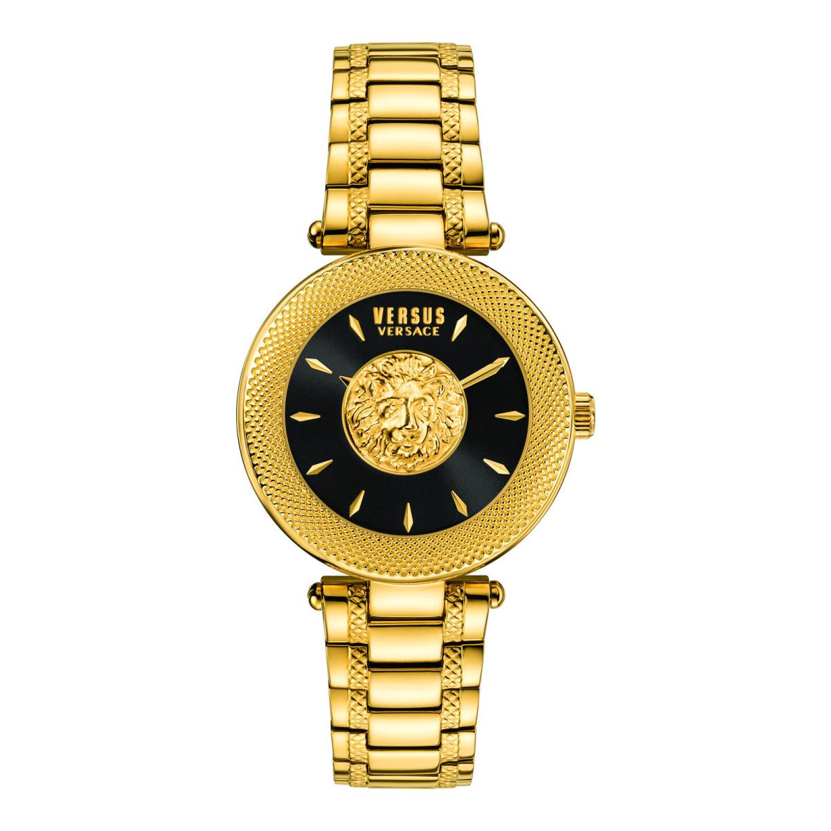 Versus Versace Womens Brick Lane Gold 36mm Bracelet Fashion Watch - Dial: Black, Band: Gold