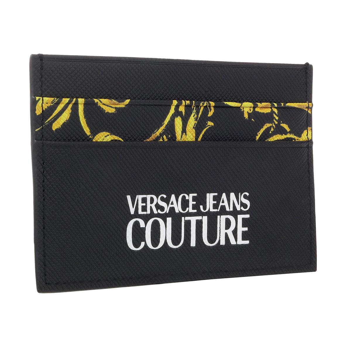 Versace Jeans Couture Black Baroque Print Compact Wallet Cardholder