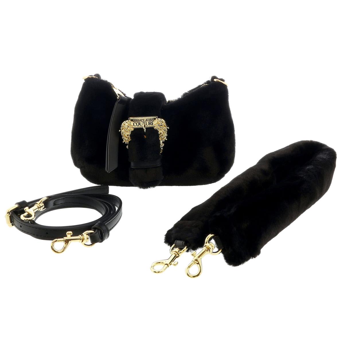 Versace Jeans Couture Black Fur Baroque Buckle Mini Shoulder Bag