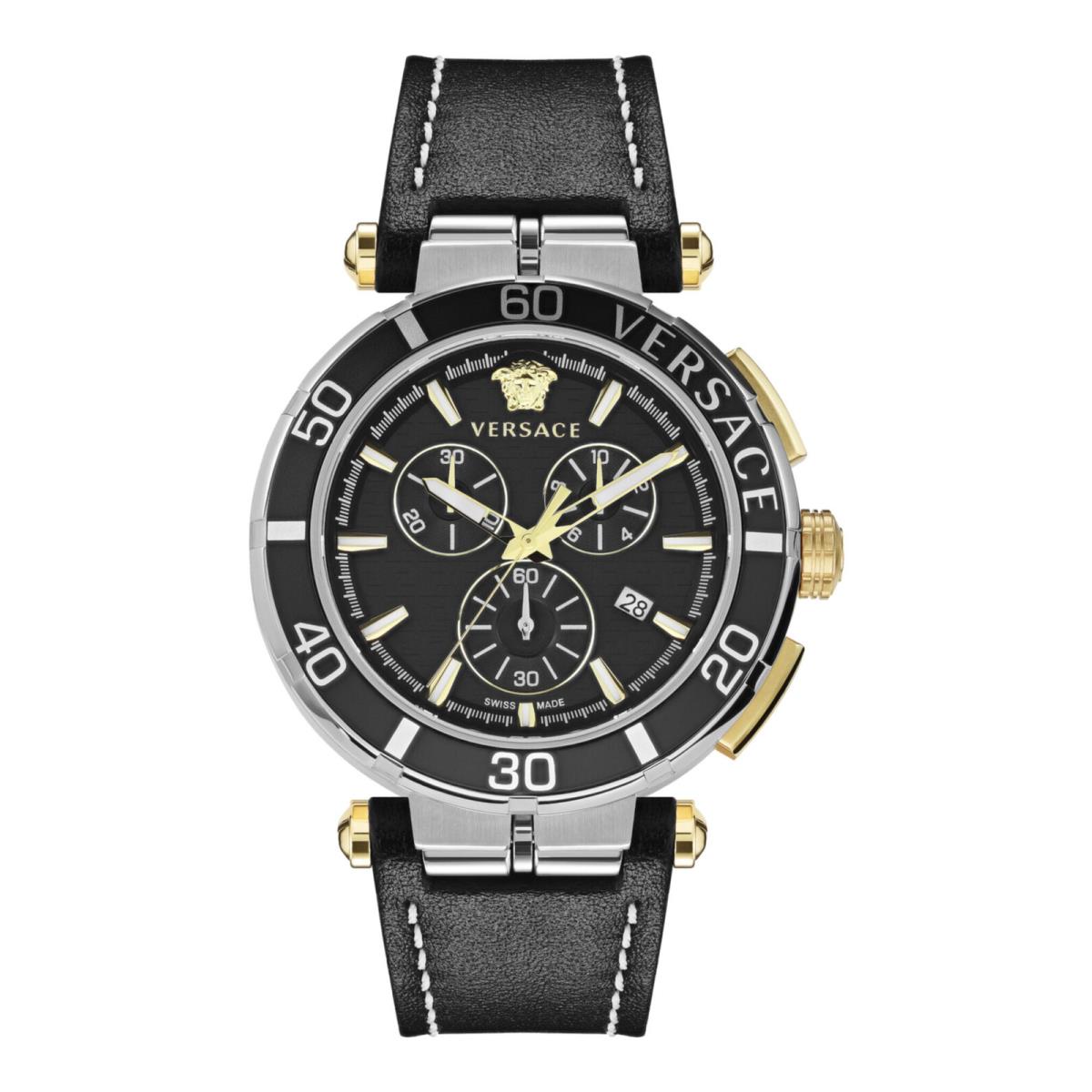 Versace Mens Greca Chrono Stainless Steel 45mm Strap Fashion Watch - Dial: Black, Band: Black