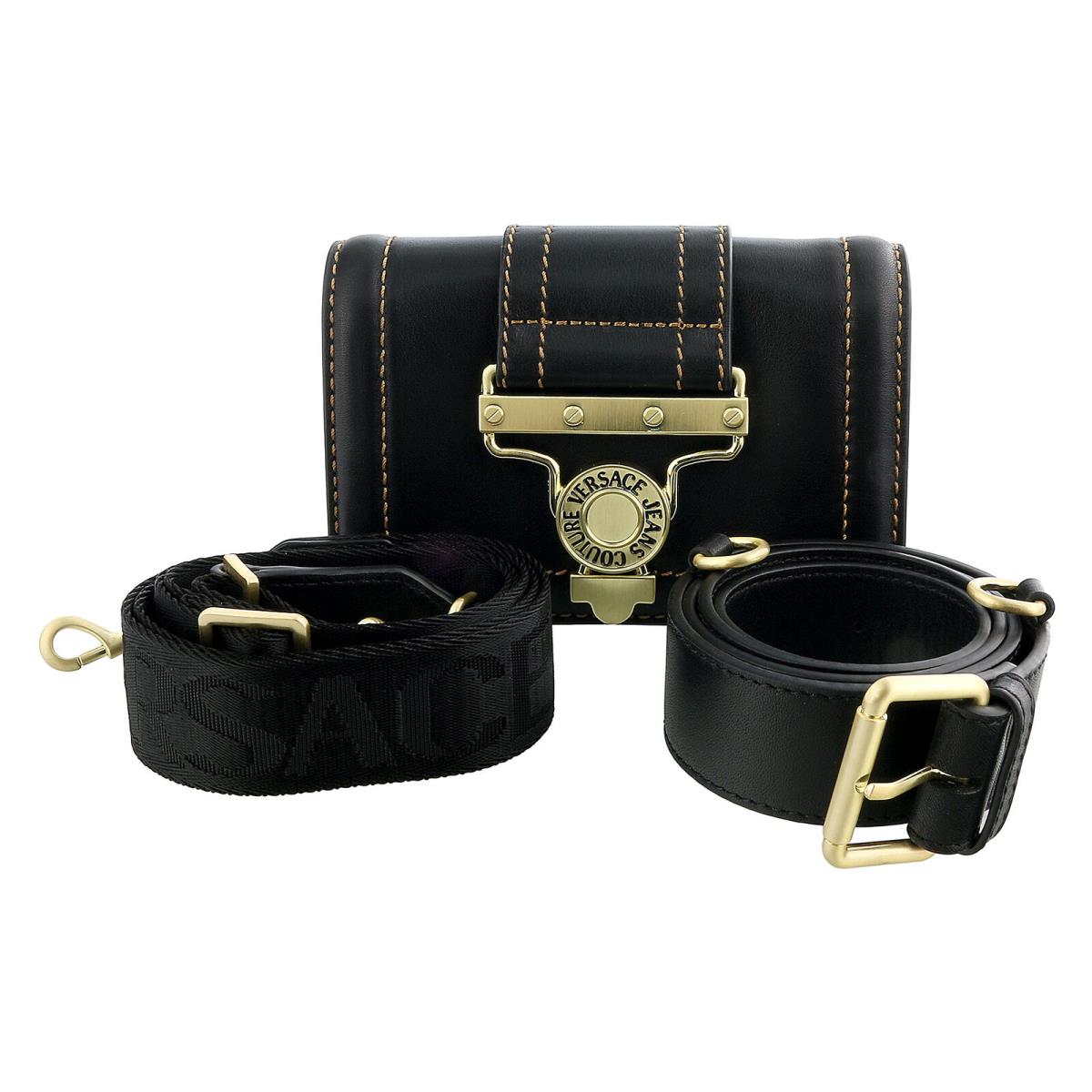 Versace Jeans Couture Black Structured Medallion Buckle Shoulder/ Belt Bag
