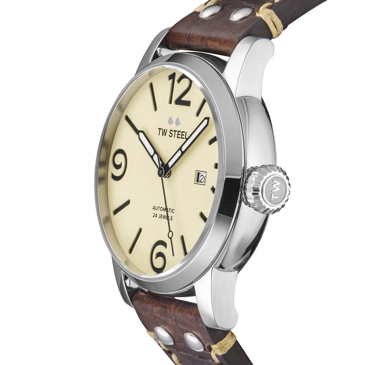 TW Steel Men`s Maverick 48mm Automatic Watch MS26 - Dial: Beige, Band: Brown, Other Dial: Cream