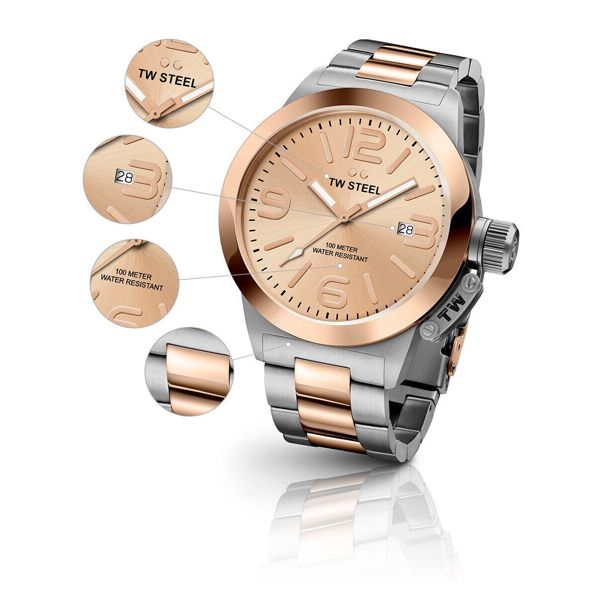 TW Steel Men`s Canteen 40mm Quartz Watch CB404 - Dial: Rose Gold, Band: Two Tone, Other Dial: Rose Gold