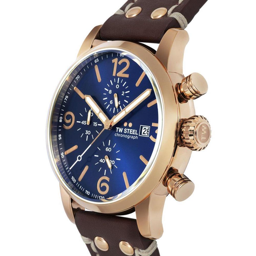 TW Steel Maverick Chrono Rose Gold Pvd Brown Leather Quartz Mens Watch MS84 - Dial: Blue, Band: Brown, Bezel: Rose Gold