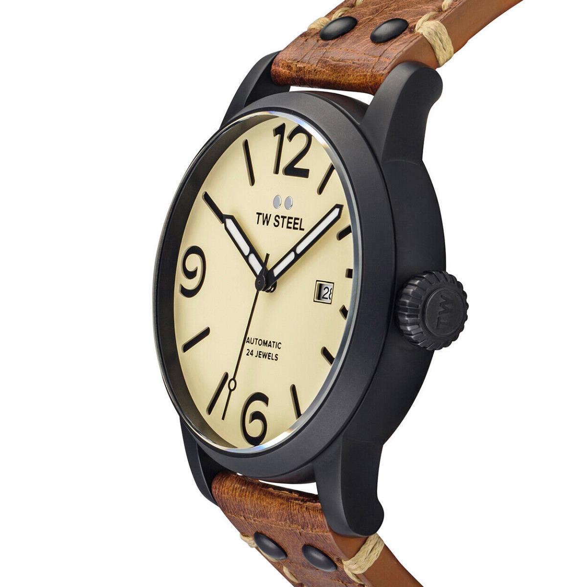 TW Steel Men`s Maverick 48mm Automatic Watch MS46 - Dial: Beige, Band: Brown, Other Dial: Cream