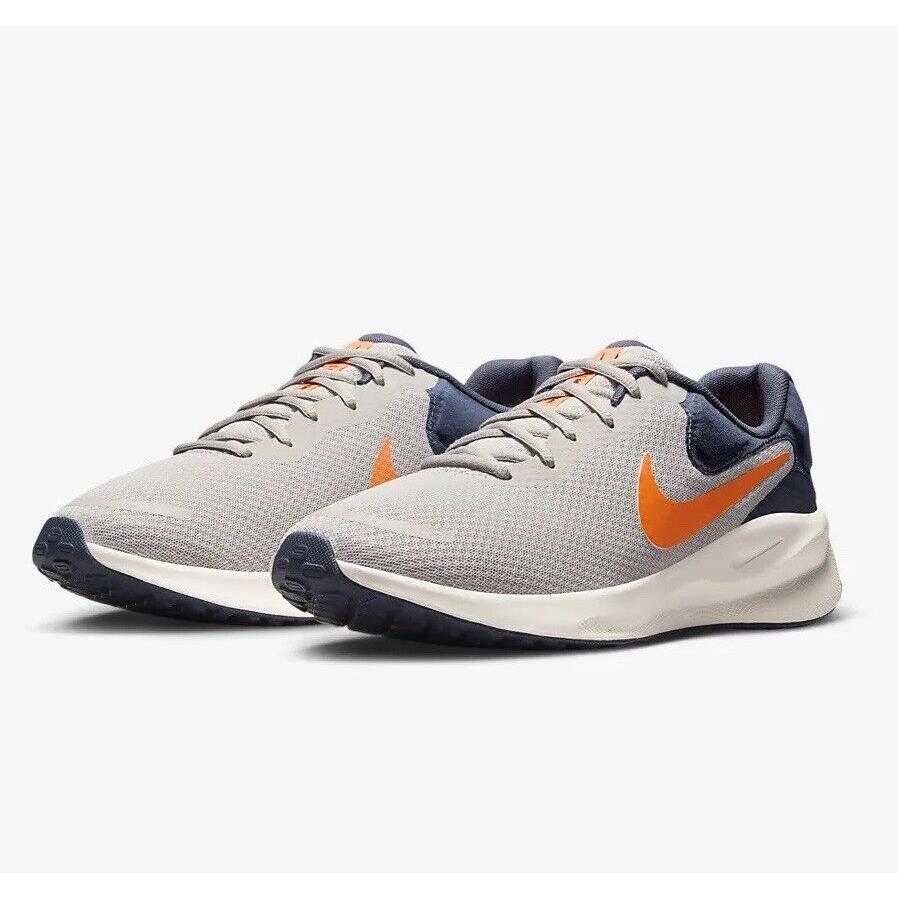 Nike Revolution 7 Men`s Size 11.5 Iron / Orange FB2207-009 Road Running Shoes - Light Iron Ore/Thunder Blue/Sail/Total Orange