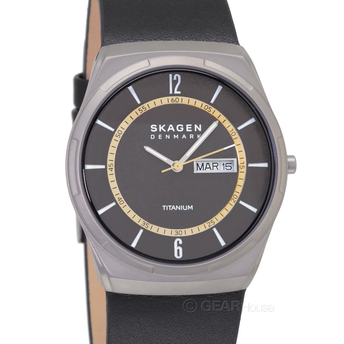 Skagen Melbye Mens Titanium Watch Gray Dial w/ Day Date Black Leather Band