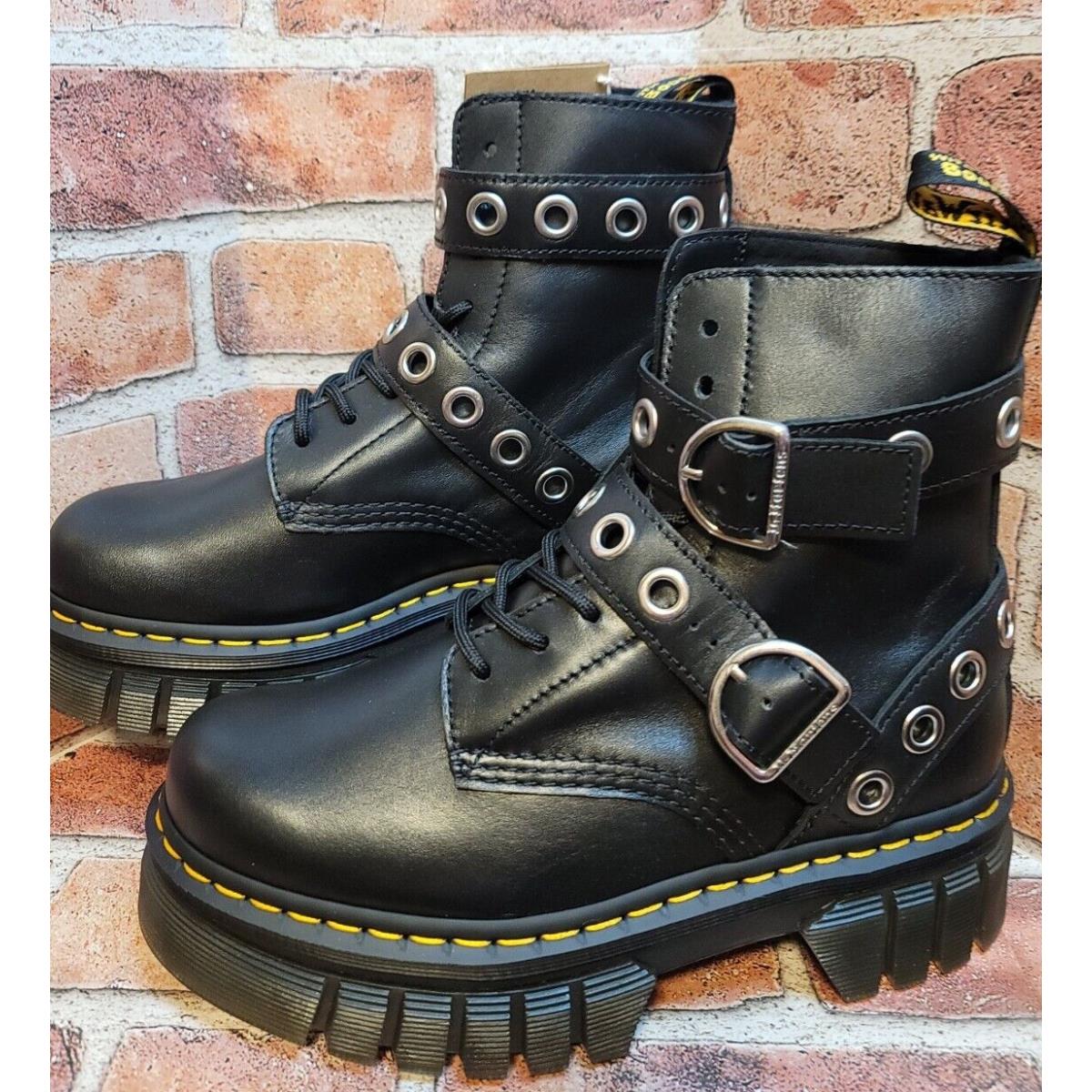 Dr. Martens Quad Neoteric Women`s Audrick 8-Eye Boots Biker Platform Buckles 9