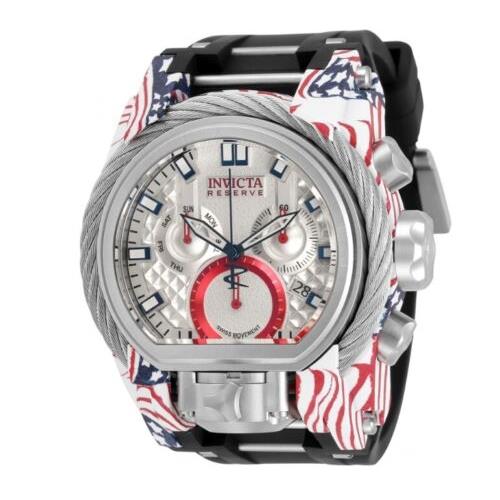 Invicta Reserve Bolt Zeus Men`s 52mm Hydroplated US Flag Chronograph Watch 32806 - Dial: Silver, Band: Black, Bezel: Silver