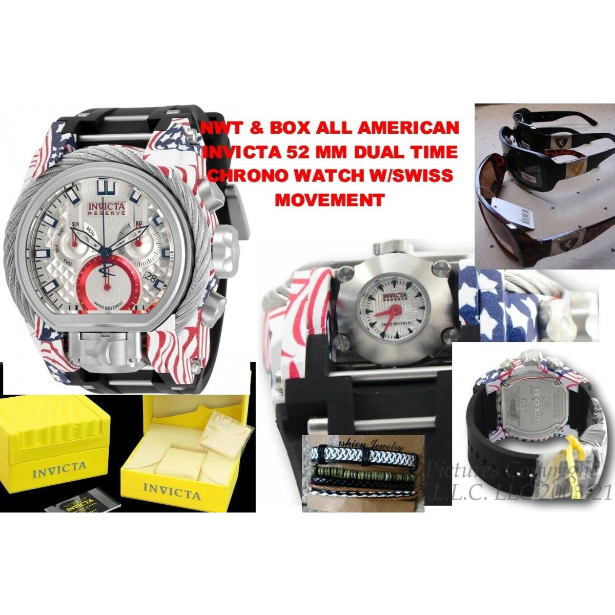 Invicta 32806 Reserve Bolt Swiss Chronograph 2 Movement American Flag Watch - Dial: White, Band: Black, Bezel: Silver, Multicolor