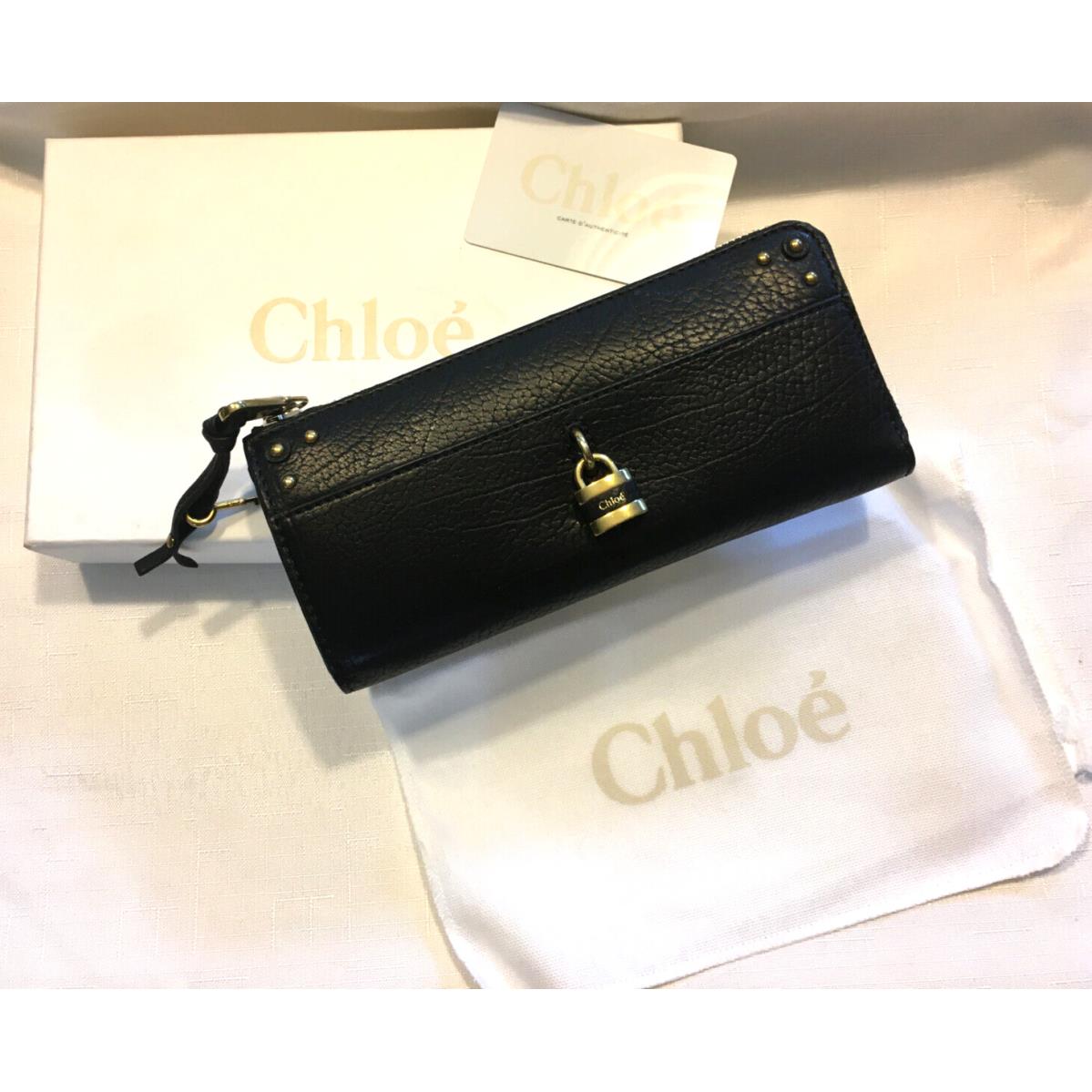 Chloe Black Leather Zip Long Wallet Purse Authenticity Card Dust Jacket Box