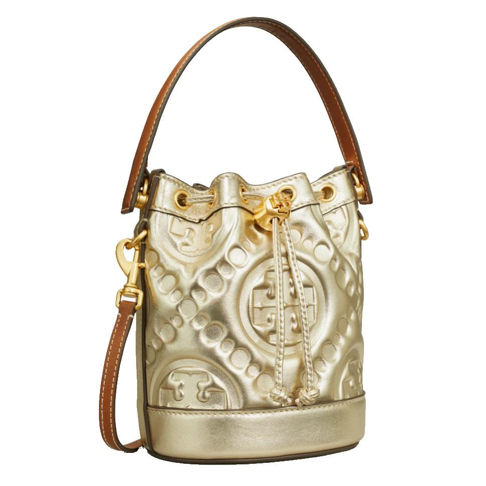 Tory Burch T-monogram Embossed Puffy Leather Bucket In Metallic Gold