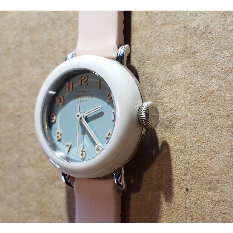 Shinola Pee Wee Detrola Watch with 25mm Skyblue Face Light Pink Silicone Band