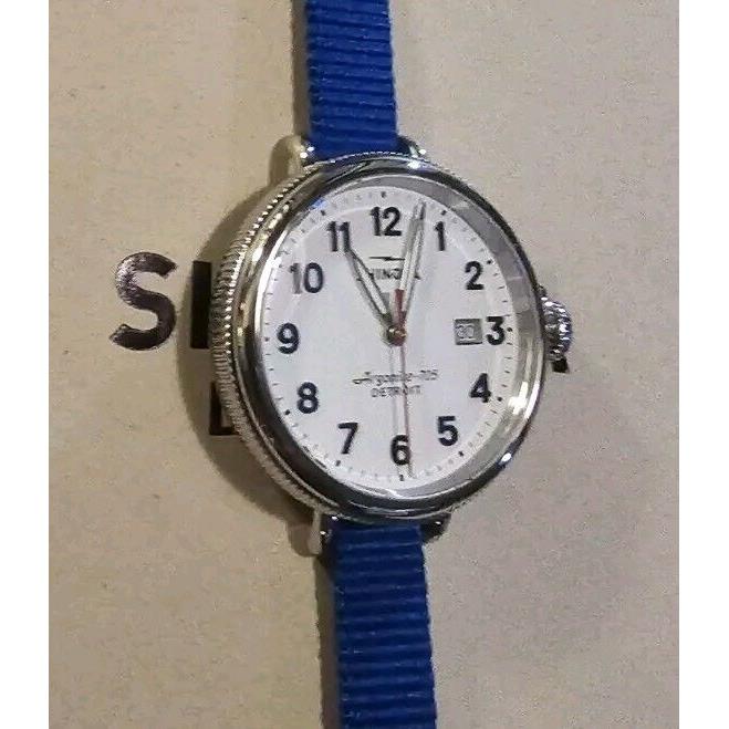 Shinola Birdy with 38mm White Face and Bright Blue Numbers Interchange Band