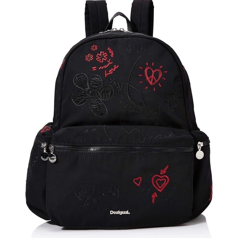 Desigual Purse Bag Backpack Travel Beaded Embroidered Black Red Laptop Rare