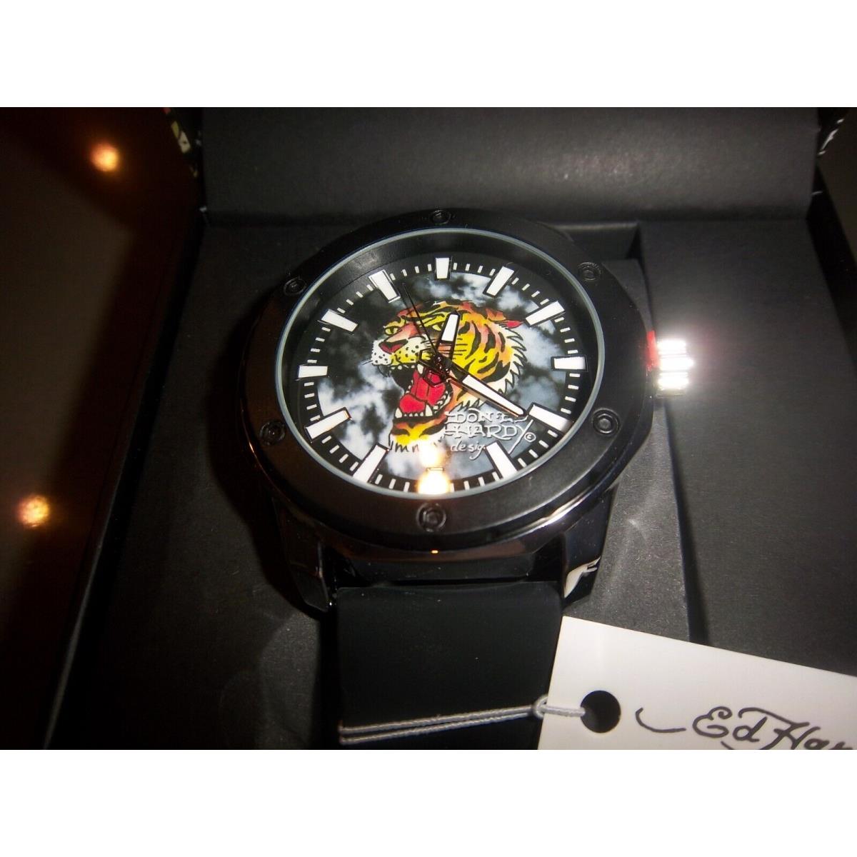 Mens ED Hardy Chrome/black Tiger Silicone Band Watch