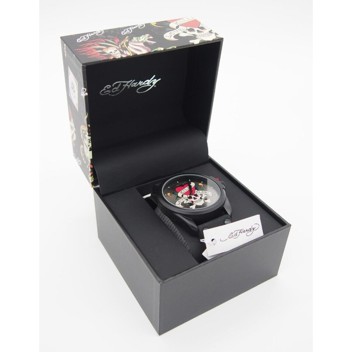 Ed Hardy Matte Black Love Kills Slowly Men`s Silicone Strap Wristwatch 46mm