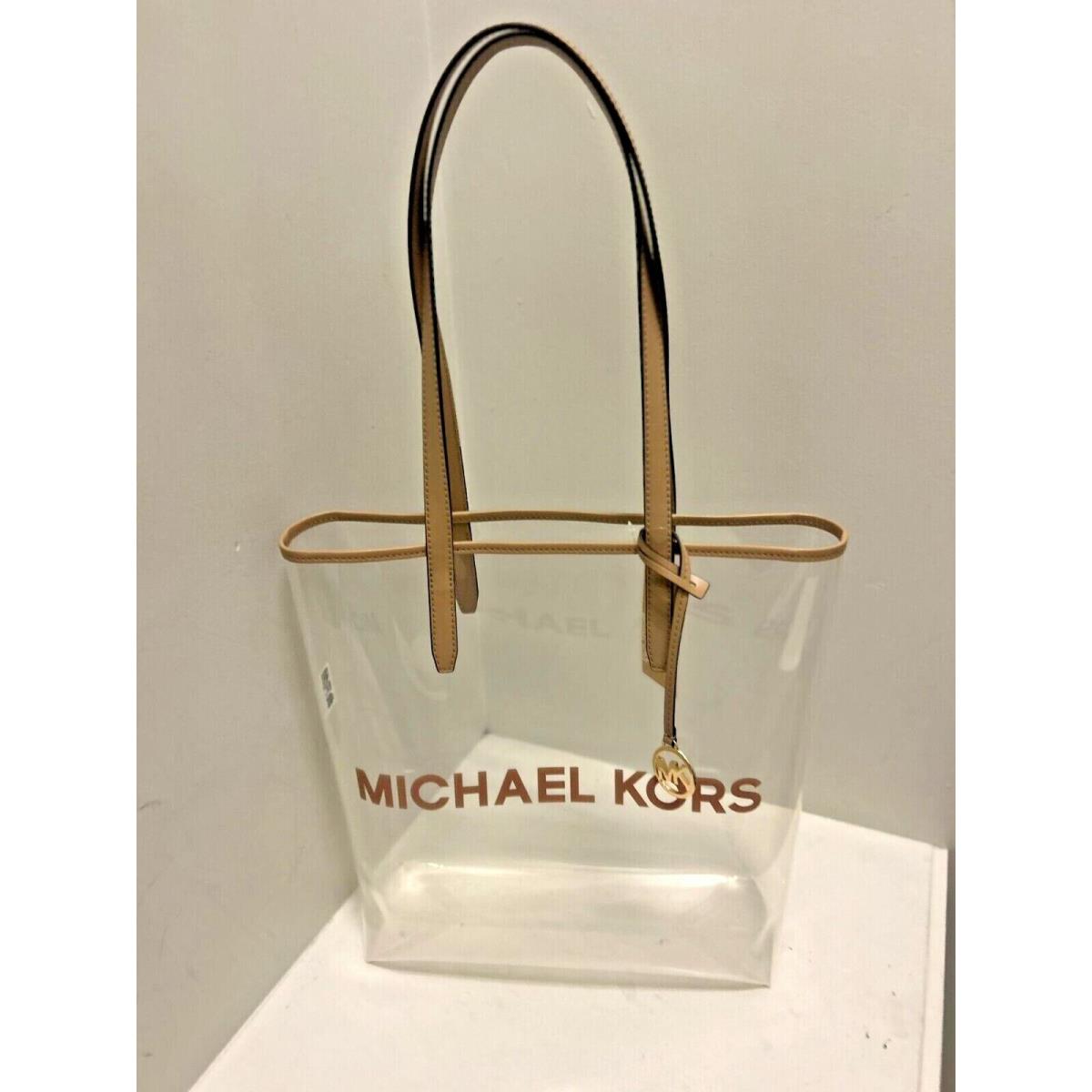 Michael Kors Large North South Women MK Logo Clear Tote Handbag Purse Shoulder CAMEL