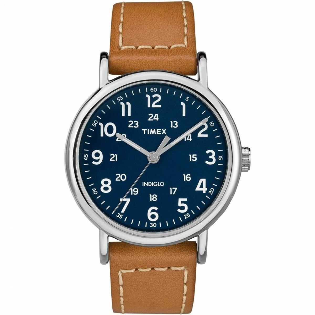 Timex TW2R42500 Weekender Brown Leather Strap Watch Indiglo 40MM Case - Dial: Blue, Band: Brown
