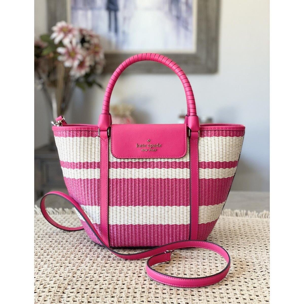 Kate Spade Cruise Medium Striped Straw Tote Crossbody Bag Bikini Pink