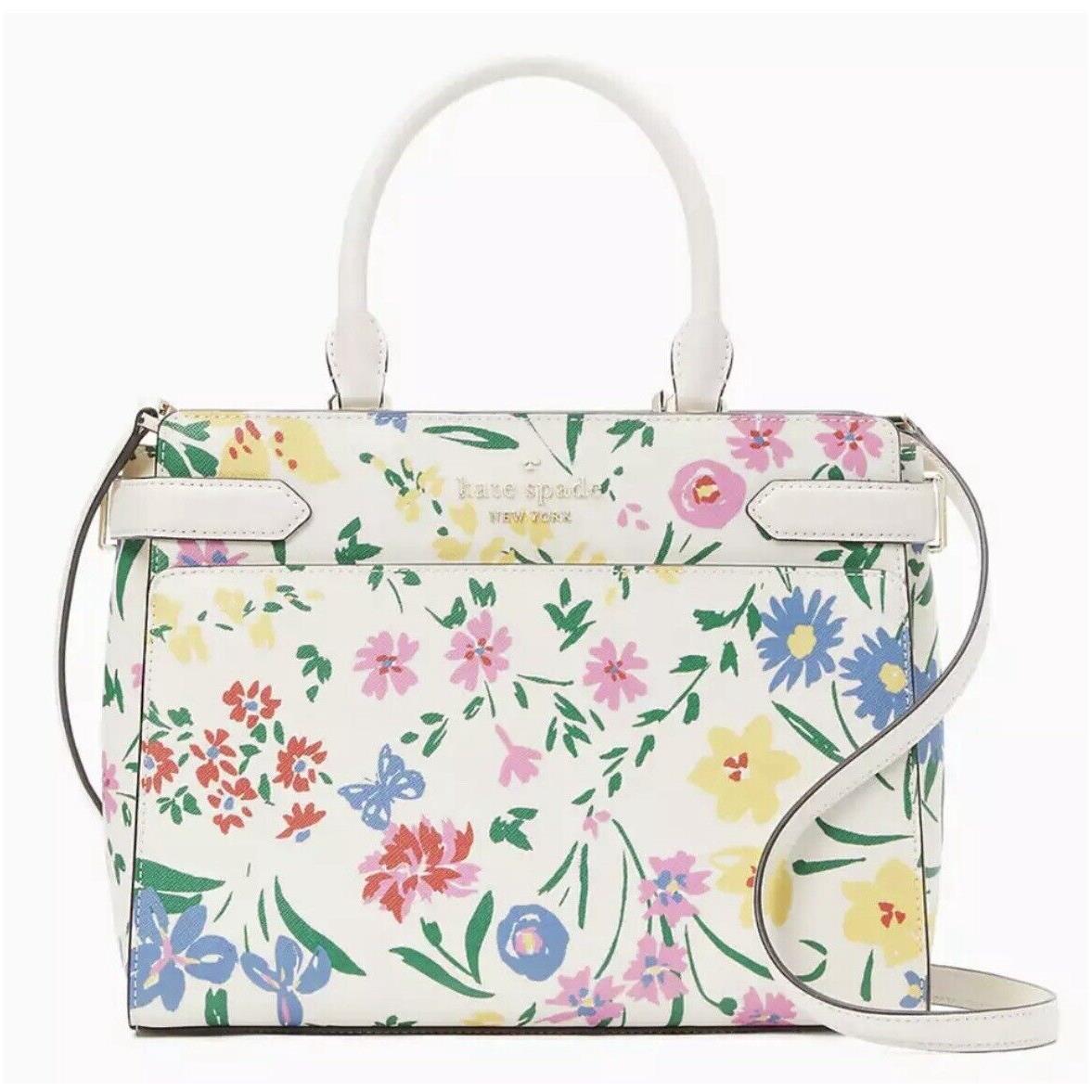 Kate Spade Staci Lily Blooms Floral Garden Medium Satchel Cream Multi - Handle/Strap: Cream White, Hardware: Gold, Exterior: Cream