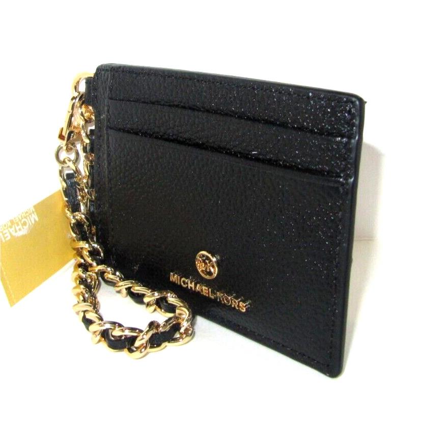 Michael Kors Black Gold Chain Jet Set Charm Small Leather ID Chain Card Holder