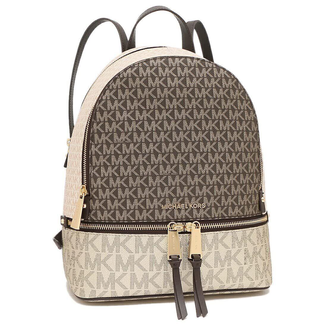 Michael Kors Rhea Zip Medium Logo Pvc Canvas Backpack Brown Pale Gold