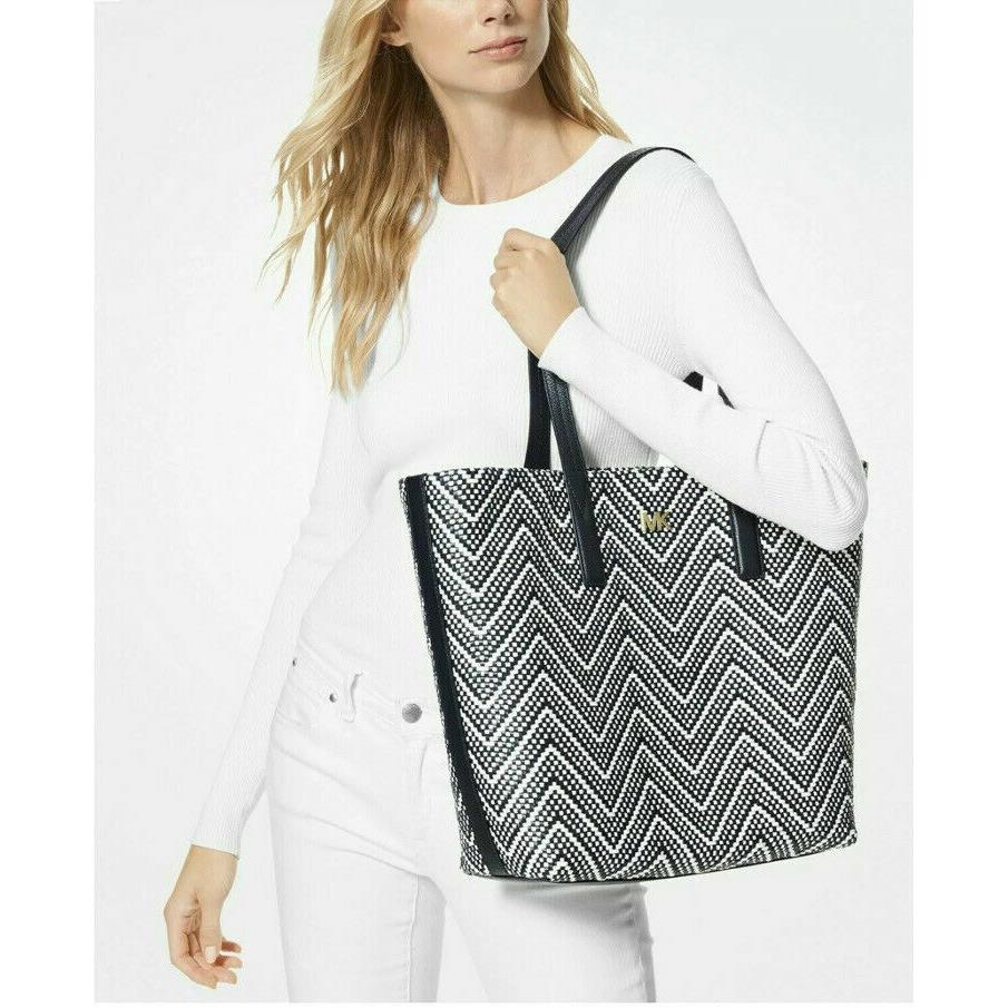 Nwtgs Michael Kors Junie Chevron Woven Leather Admiral Blue/optic White - Exterior: Admiral Blue/Optic White