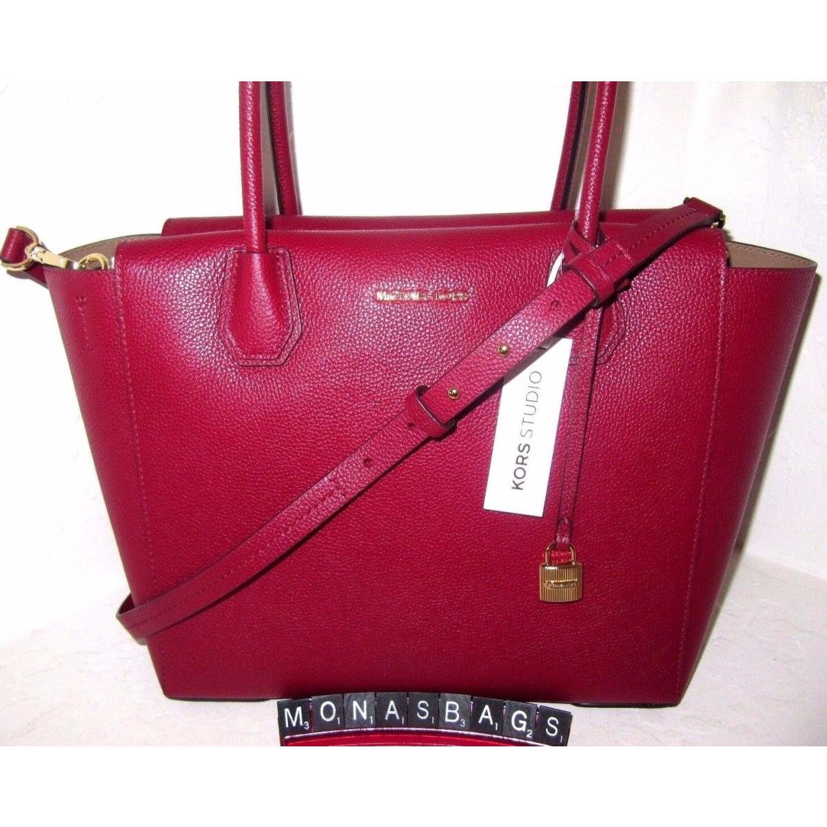 Michael Kors Cherry Red Leather Large Mercer Satchel Tote Bag Long Strap NWT$328