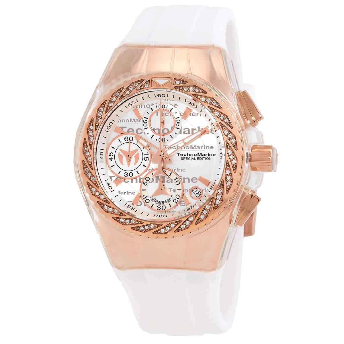 Technomarine Cruise Glitz Chronograph Quartz Silver Dial Ladies Watch TM-115385 - Dial: Silver-tone, Band: White, Bezel: Rose Gold-tone