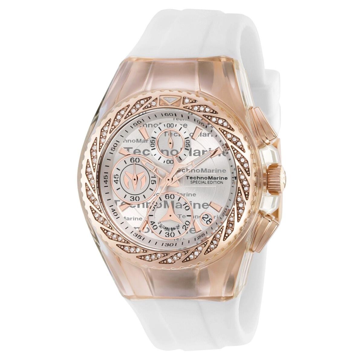 Technomarine TM-115385 Cruise Glitz Women`s 40mm Watch Rose Gold with Stones - Dial: Silver, Band: White, Bezel: Rose Gold