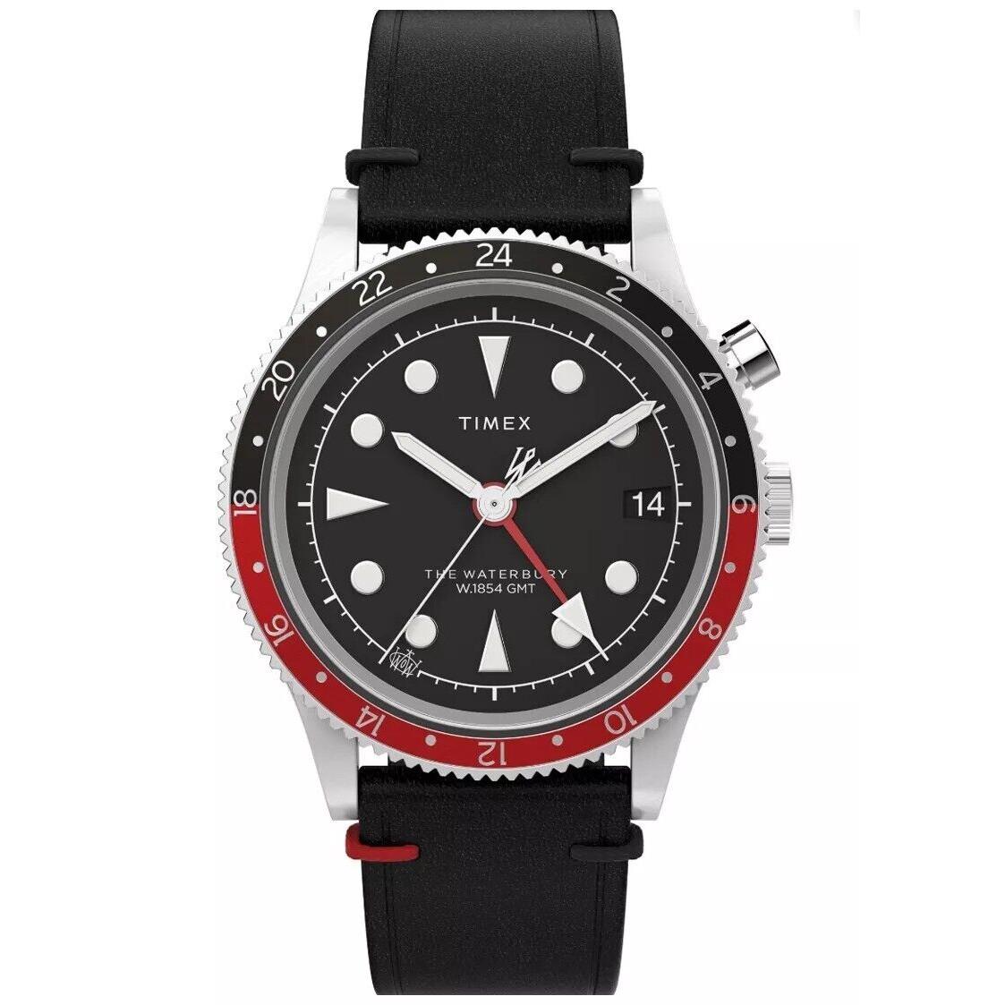 Timex Waterbury Traditional Gmt 39mm Black Dial Men`s Watch TW2W22800 - Dial: Black, Band: Black, Bezel: Black, Red