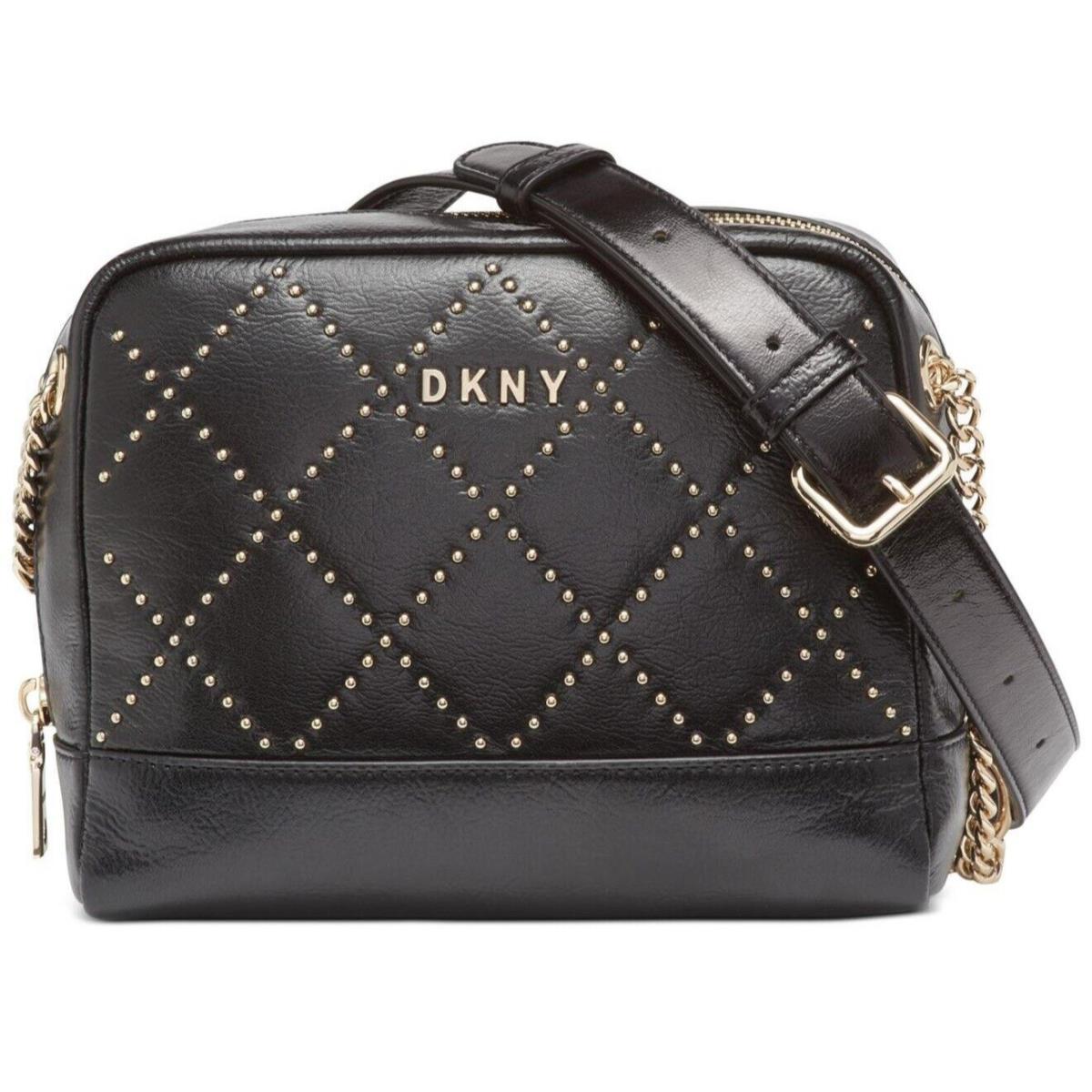 Dkny Sofia Studded Leather Double Chain Shoulder Bag Black Moto Crossbody