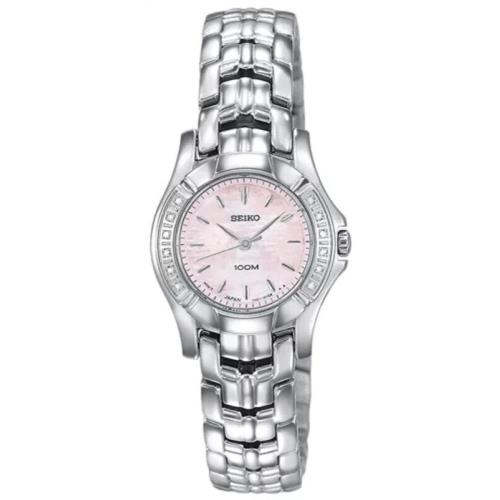 Seiko Dress Pink Mop Dial Diamond Accent Bezel St.steel Women`s Watch SXGN49