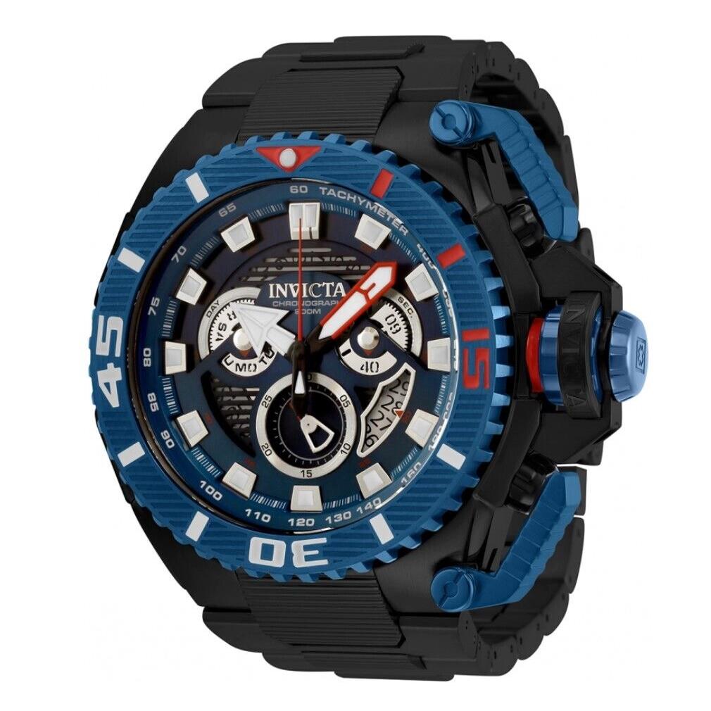 Invicta Sea Hunter Men`s 57mm Large Anatomic Black Swiss Chronograph Watch 35011 - Dial: Black, Blue, Multicolor, Silver, White, Band: Black, Bezel: Blue, White