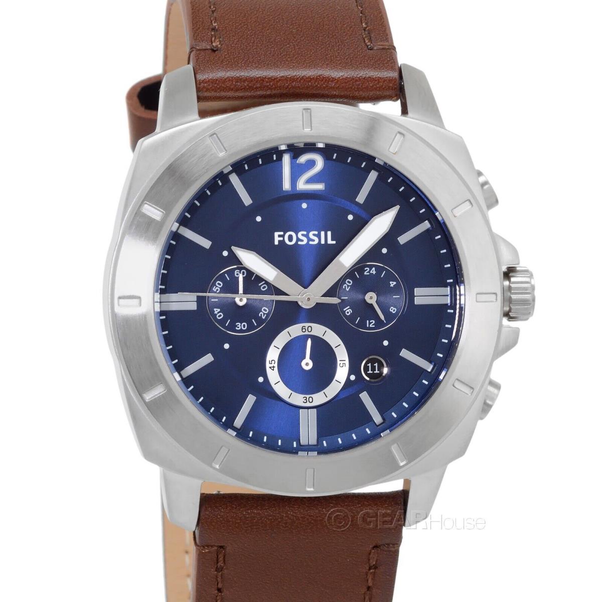 Fossil Privateer Mens Silver Chronograph Watch Blue Dial Brown Leather Strap