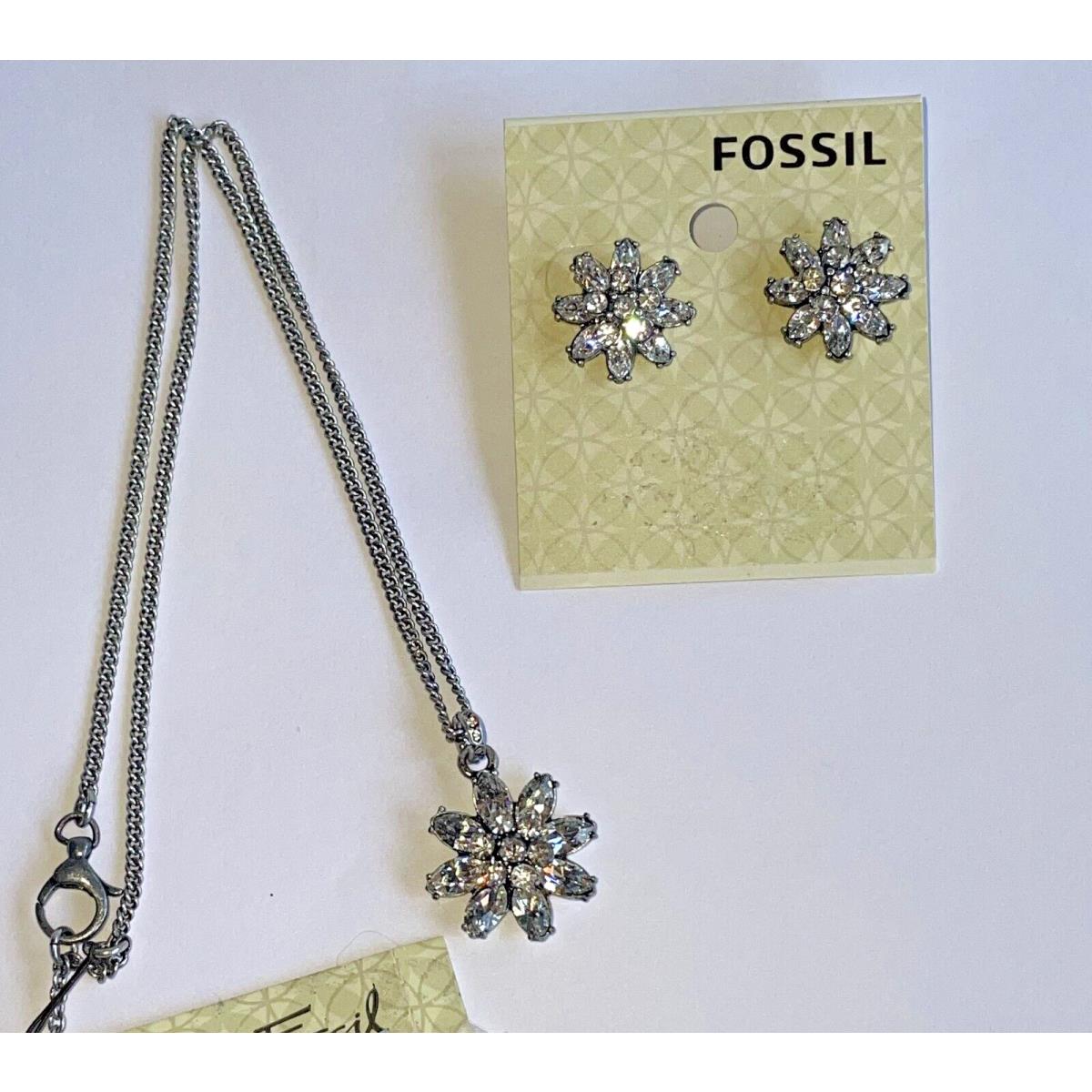 Fossil Necklace Earring Set Clear Crystal Flower