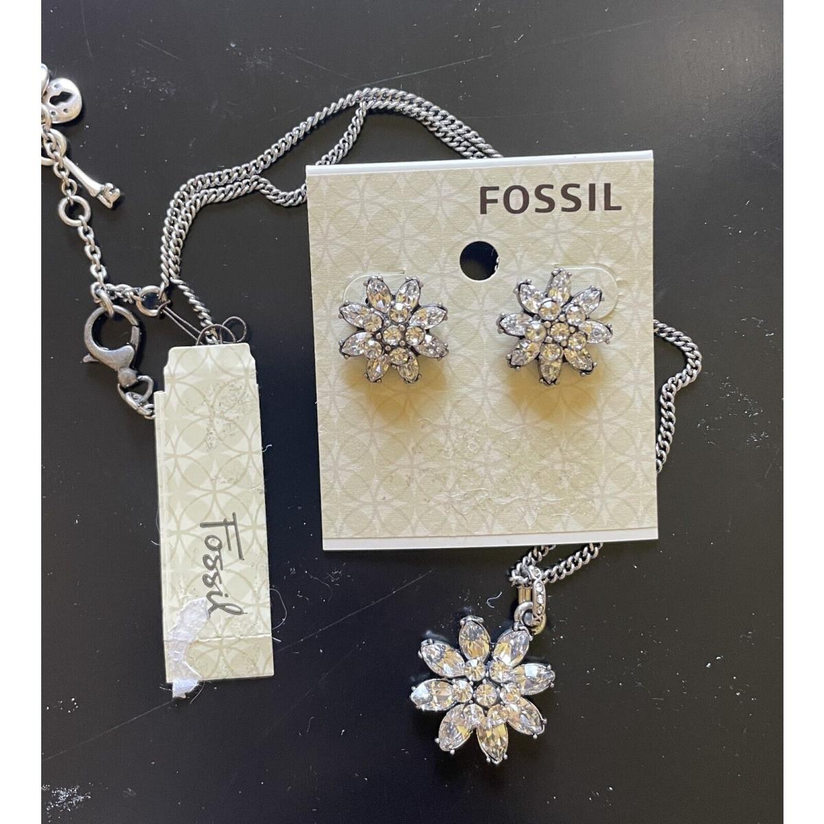 Fossil Necklace Earring Set Clear Crystal Flower