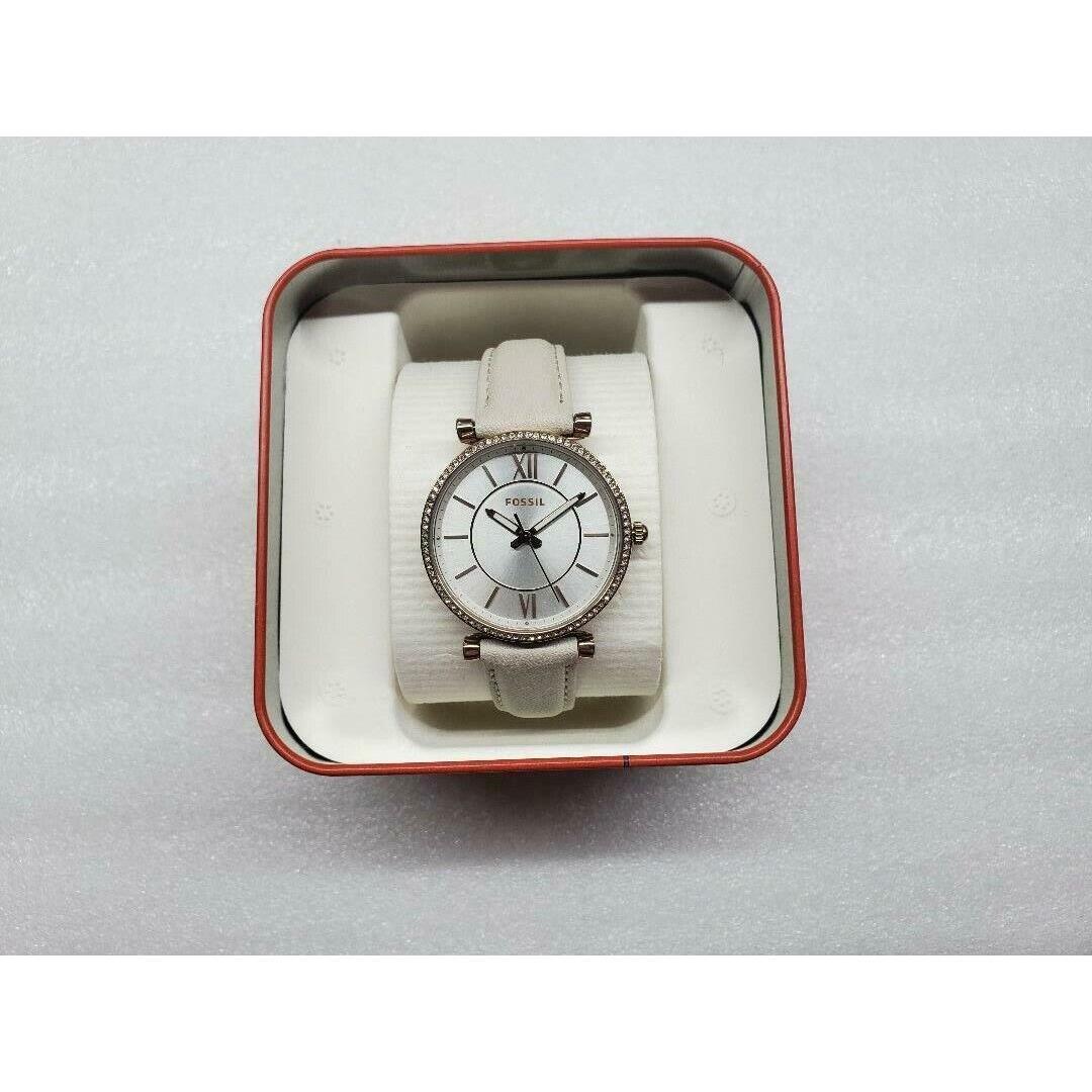 Fossil Carlie Silver Dial Crystals White Leather Strap Ladies Watch ES4465